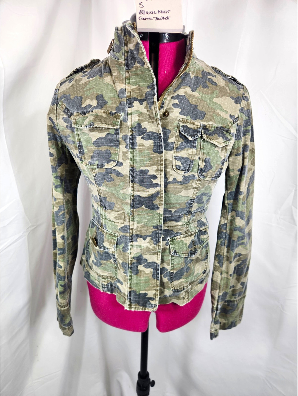 Blanc Noir Women's S Green Camouflage Military Jacket Full Zip Button Pockets